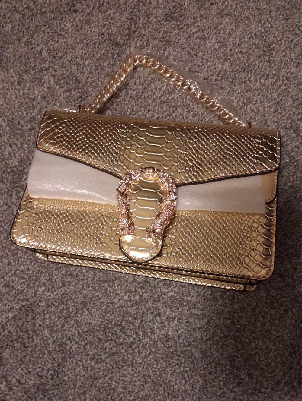 Gold Textured Shoulder Bag with Chain Handle